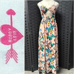 Buddy Love Butterfly Print Maxi Dress M Peach Cutout Bow Front Smocked Waist